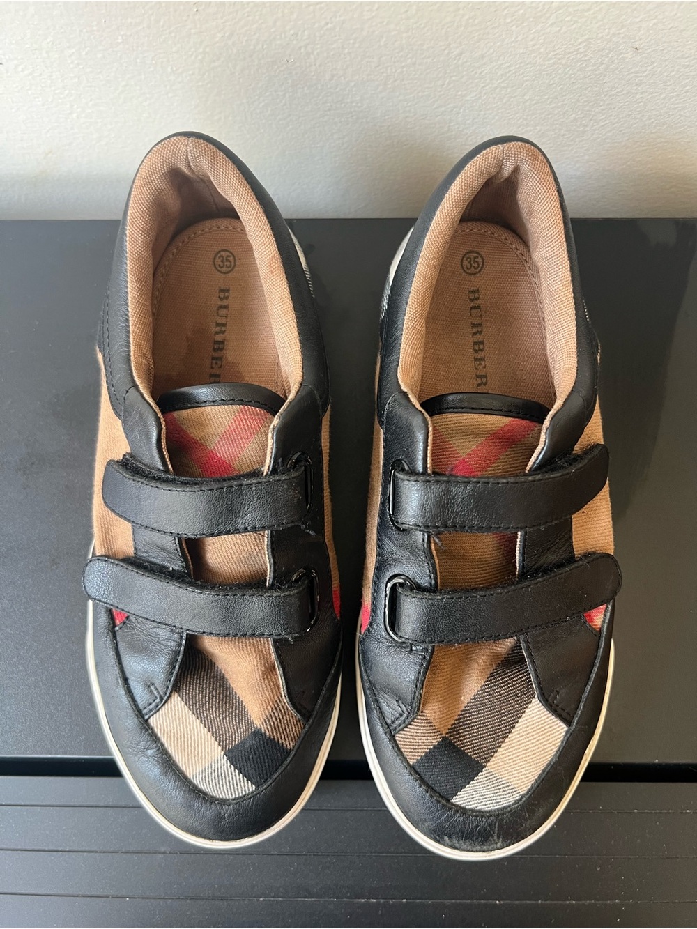 Burberry Kids Check Sneakers Black Leather + House Check Canvas Size 35